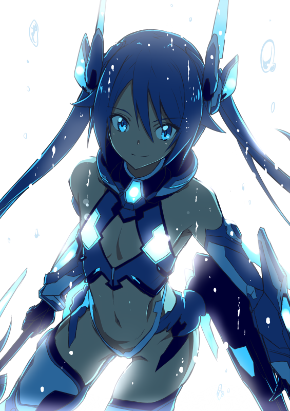 1girl armor backlighting bangs bare_shoulders black_gloves blue_armor blue_eyes blue_hair boots bracer closed_mouth commentary_request detached_sleeves eyebrows_visible_through_hair flat_chest floating_hair gloves hair_between_eyes hair_flaps headgear holding holding_weapon leotard long_hair looking_at_viewer magical_girl navel ore_twintail_ni_narimasu shade sidelocks smile solo standing stomach tail_blue thigh-highs thigh_boots tsube_aika twintails water_drop weapon white_background white_leotard yuto_(dialique)