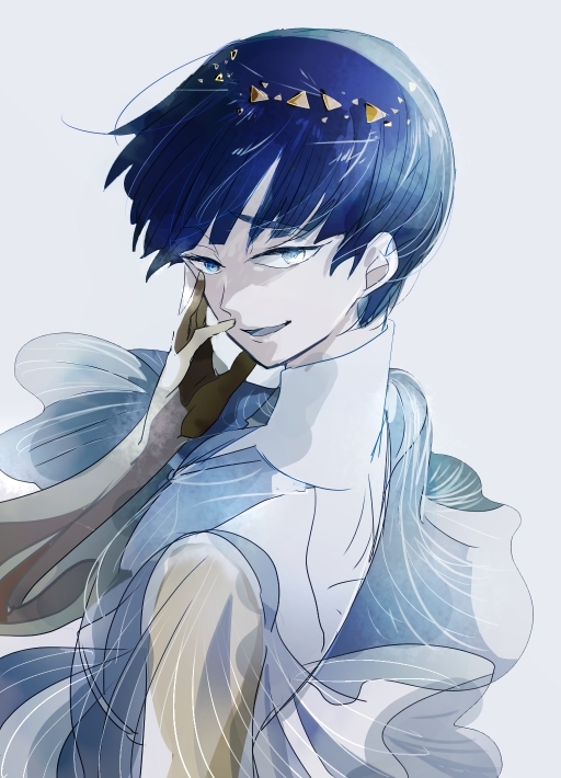 1other androgynous bangs blue_eyes blue_hair blunt_bangs evil_smile golden_arms hand_on_own_cheek hand_on_own_face heterochromia houseki_no_kuni looking_at_viewer looking_back phosphophyllite phosphophyllite_(ll) see-through short_hair shumiko_(kamenokoueki) smile solo spoilers upper_body white_eyes