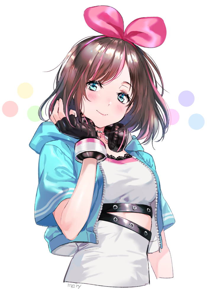 1girl a.i._channel aqua_jacket artist_name bangs black_gloves blush bow closed_mouth commentary_request cropped_jacket facing_viewer fingerless_gloves gloves green_eyes hairband hand_up headphones headphones_around_neck hood hooded_jacket jacket kizuna_ai lace mery_(apfl0515) multicolored_hair pink_bow pink_hair pink_hairband pink_ribbon ribbon shirt short_sleeves smile streaked_hair swept_bangs two-tone_hair upper_body virtual_youtuber white_shirt