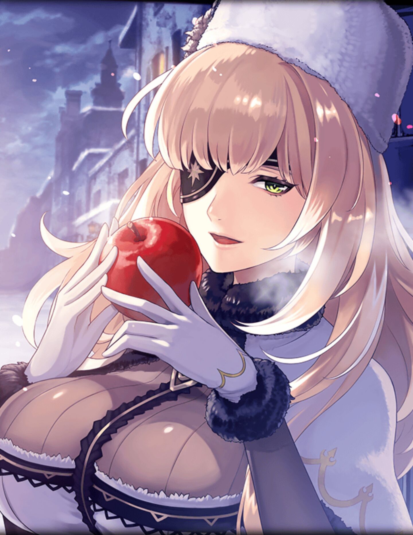 1girl aphrodite_(phantom_of_the_kill) apple artist_request blonde_hair breasts city clouds cloudy_sky eyepatch food fruit fur_collar fur_hat gloves green_eyes hat highres holding holding_food huge_breasts long_hair official_art open_mouth phantom_of_the_kill sky snow visible_air white_gloves winter_clothes