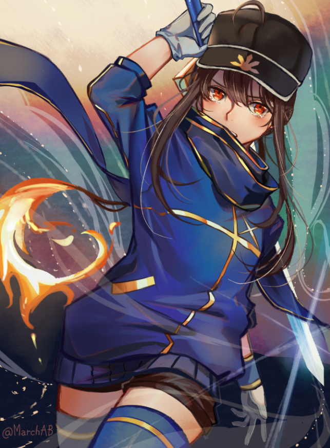 1girl ahoge arm_up artoria_pendragon_(all) black_hat black_shorts blue_legwear blue_scarf blue_sweater brown_hair cosplay cowboy_shot dutch_angle fate/grand_order fate_(series) gloves grey_gloves hair_between_eyes hat holding holding_sword holding_weapon long_hair looking_at_viewer marchab_66 mysterious_heroine_x mysterious_heroine_x_(cosplay) oda_nobukatsu_(fate/grand_order) red_eyes scarf short_shorts shorts solo standing sweater sword thigh-highs twintails weapon zettai_ryouiki