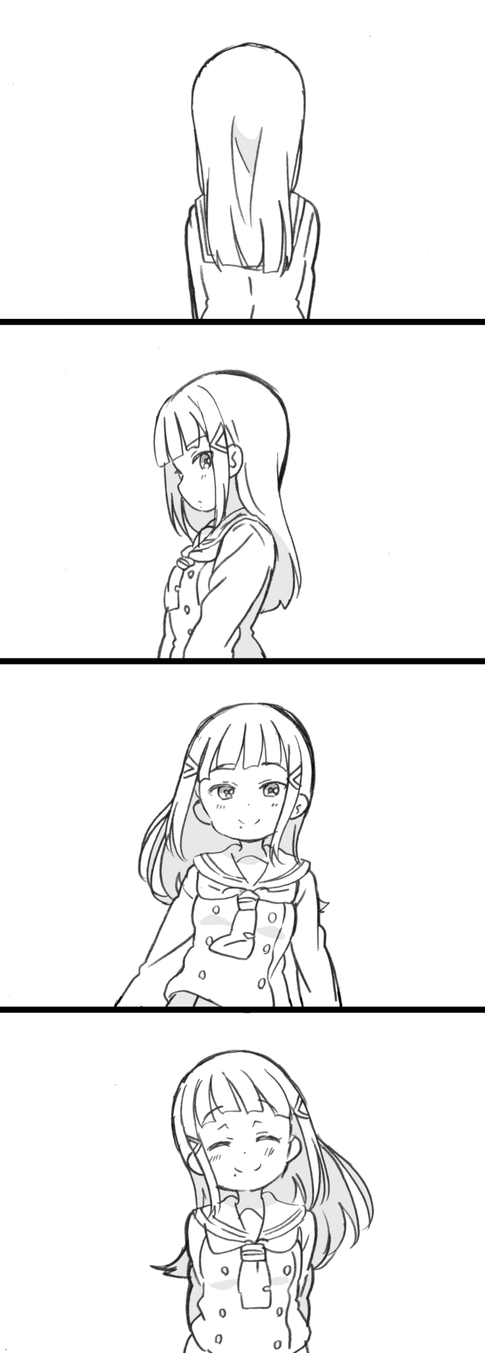 1girl 4koma ^_^ arms_at_sides arms_behind_back ascot bangs blunt_bangs closed_eyes closed_eyes closed_mouth comic dot_nose facing_away facing_viewer floating_hair from_side greyscale hair_ornament highres hime_cut kurosawa_dia long_hair long_sleeves looking_at_viewer love_live! love_live!_sunshine!! mezashi_(mezamashi_set) mole mole_under_mouth monochrome sailor_collar school_uniform serafuku sidelocks silent_comic simple_background smile solo tsurime upper_body uranohoshi_school_uniform white_background