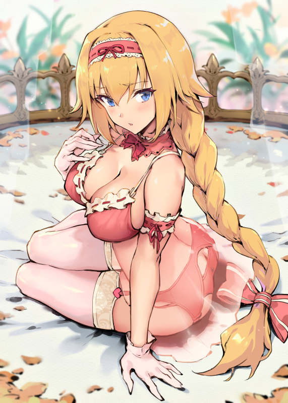 1girl arm_garter ass babydoll bangs bare_shoulders blonde_hair blue_eyes blush bow bra braid breasts cleavage collarbone detached_collar fate/apocrypha fate_(series) garter_belt gloves hair_bow hairband haoni jeanne_d'arc_(fate) jeanne_d'arc_(fate)_(all) large_breasts long_hair looking_at_viewer panties pink_bow pink_bra pink_legwear pink_panties sitting solo thigh-highs thighs underwear