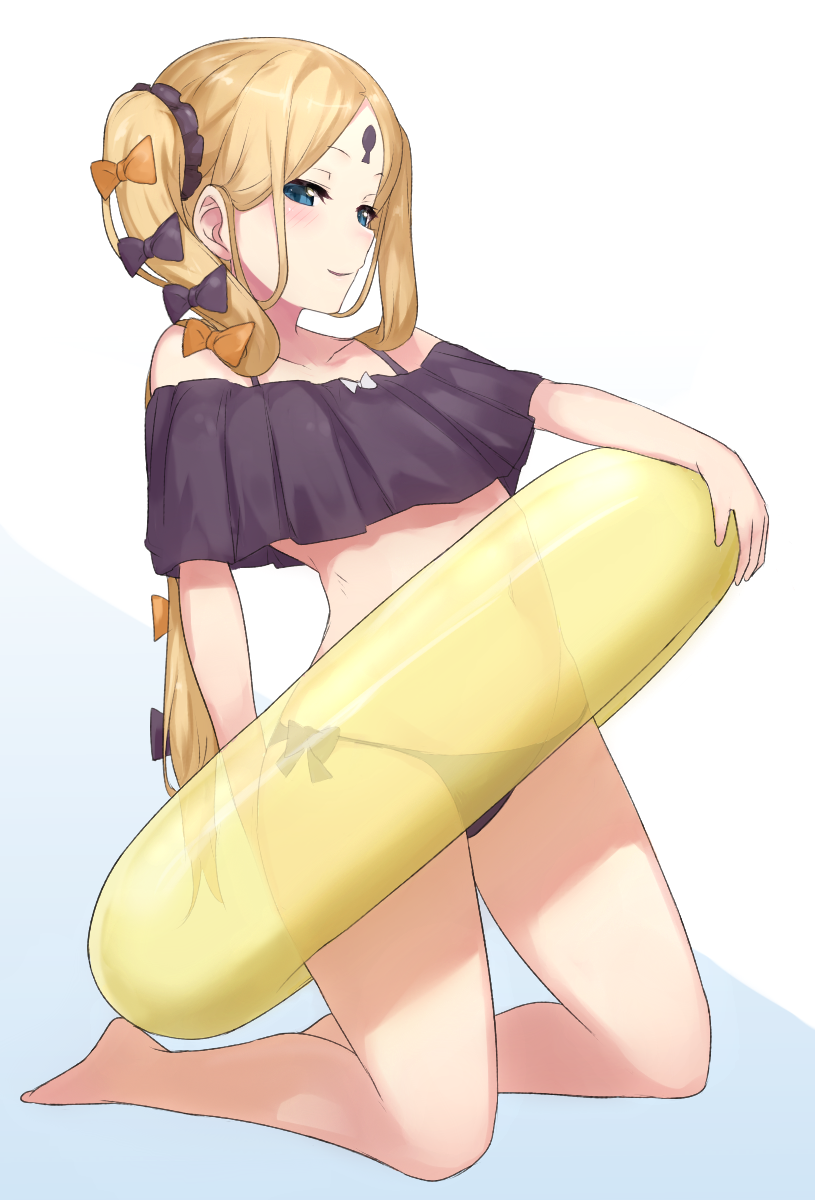 1girl abigail_williams_(fate/grand_order) alternate_hairstyle bangs bare_legs bare_shoulders barefoot bikini black_bikini black_bow black_scrunchie blonde_hair blue_eyes bow collarbone commentary_request fate/grand_order fate_(series) full_body hair_bow hair_ornament hair_scrunchie highres holding holding_innertube ichijou_(kr_neru0) innertube keyhole kneeling long_hair looking_at_viewer navel off_shoulder orange_bow parted_bangs parted_lips scrunchie side_ponytail smile solo stomach swimsuit thighs transparent very_long_hair yellow_innertube