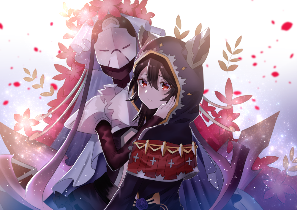 1girl bangs black_cape black_hair blue_flower blue_rose blush cape character_request commentary_request erune eyebrows_visible_through_hair flower granblue_fantasy hair_between_eyes hand_on_another's_cheek hand_on_another's_face hood hood_up hooded_cape looking_at_viewer looking_to_the_side myusha parted_lips red_eyes red_flower rose