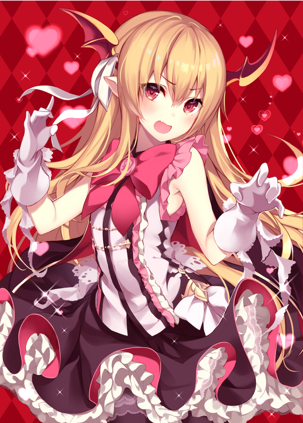 1girl argyle argyle_background blonde_hair blush dress eyebrows_visible_through_hair fang gloves granblue_fantasy hair_ribbon head_wings heart heart-shaped_pupils highres homaderi looking_at_viewer open_mouth pointy_ears red_background red_eyes ribbon shadowverse shingeki_no_bahamut sleeveless sleeveless_dress solo symbol-shaped_pupils vampy white_gloves white_ribbon
