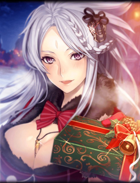 artist_request between_breasts black_fur blush bow braid breasts brionac_(phantom_of_the_kill) christmas_present christmas_wreath city cleavage facial_mark forehead_mark fur_collar gloves hair_ornament huge_breasts jewelry long_hair necklace official_art open_mouth phantom_of_the_kill red_gloves silver_hair smile snow violet_eyes