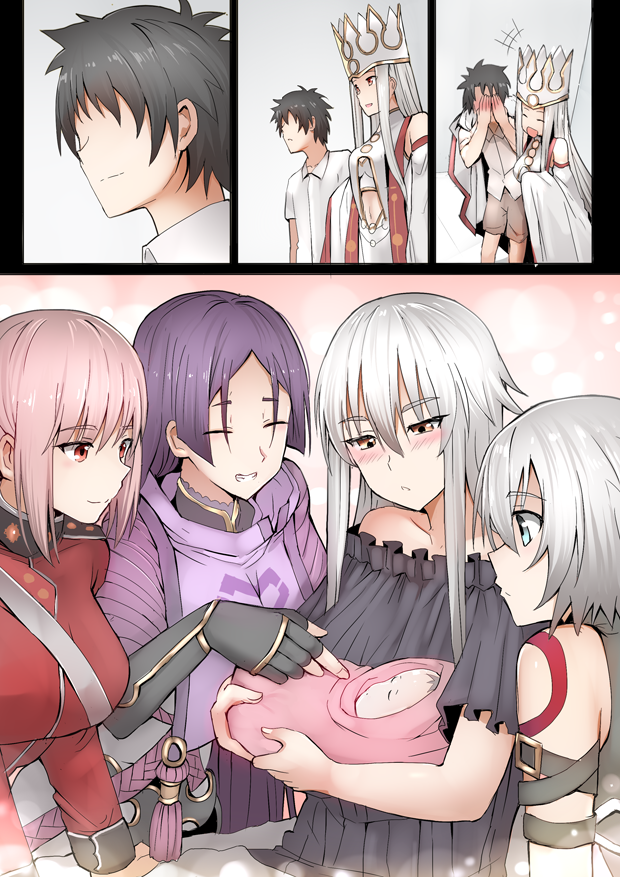 1boy 5girls baby black_hair blush commentary covering_face crown dress_of_heaven eyebrows_visible_through_hair faceless faceless_male fate/grand_order fate_(series) florence_nightingale_(fate/grand_order) fujimaru_ritsuka_(male) ginhaha gloves grin hair_between_eyes irisviel_von_einzbern jack_the_ripper_(fate/apocrypha) jeanne_d'arc_(alter)_(fate) jeanne_d'arc_(fate)_(all) long_hair minamoto_no_raikou_(fate/grand_order) multiple_girls pink_hair purple_hair red_eyes short_hair silver_hair smile