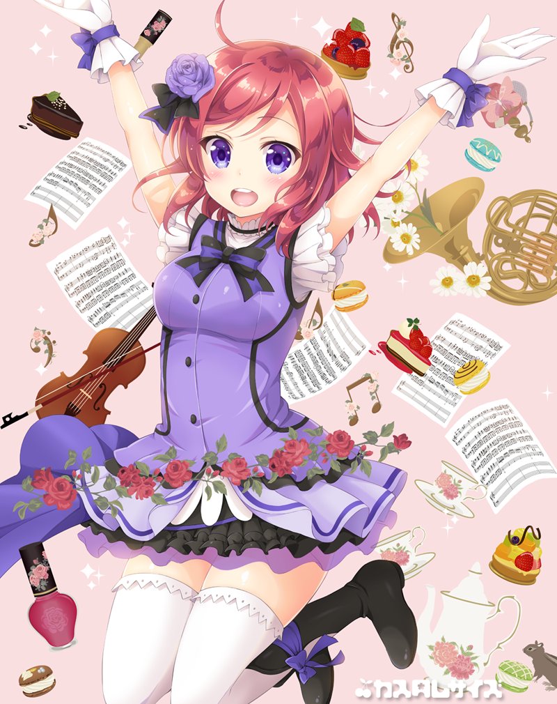 1girl :d \o/ ahoge arms_up bass_clef black_footwear black_ribbon boots bow bowtie cheesecake chipmunk circle_name commentary_request cup dress flower food french_horn frilled_gloves frills fruit gloves hair_flower hair_ornament hair_ribbon instrument jumping kira-kira_sensation! light_blush looking_at_viewer love_live! love_live!_school_idol_project macaron medium_hair musical_note nail_polish_bottle nishikino_maki open_mouth outstretched_arms papers pink_background purple_bow purple_dress purple_flower purple_rose red_flower red_rose redhead ribbon rose round_teeth sakurai_makoto_(custom_size) saucer sheet_music smile solo sparkle squirrel strawberry striped_neckwear teacup teapot teeth thigh-highs treble_clef upper_teeth violet_eyes violin white_gloves white_legwear wrist_bow