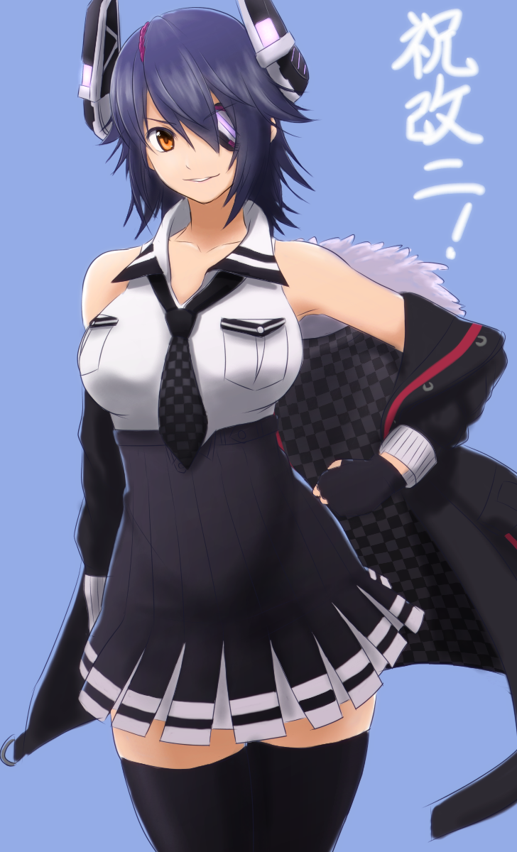 1girl black_hair blue_background breasts checkered checkered_neckwear closed_mouth dress eyepatch highres jacket kantai_collection large_breasts long_skirt medium_hair melound necktie open_clothes orange_eyes purple_hair remodel_(kantai_collection) simple_background skirt smile solo tenryuu_(kantai_collection) thigh-highs thighs winter_clothes