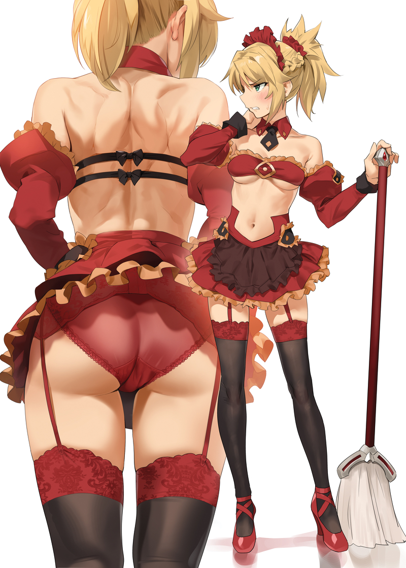 1girl ass back bare_shoulders black_legwear blonde_hair breasts broom commentary detached_sleeves fate/apocrypha fate_(series) garter_belt garter_straps green_eyes hand_on_own_cheek hips holding holding_broom lace lace-trimmed_thighhighs medium_breasts miniskirt mordred_(fate) mordred_(fate)_(all) multiple_views navel panties ponytail red_panties red_skirt simple_background skirt sweatdrop thigh-highs thighs underwear upskirt waist white_background yang-do