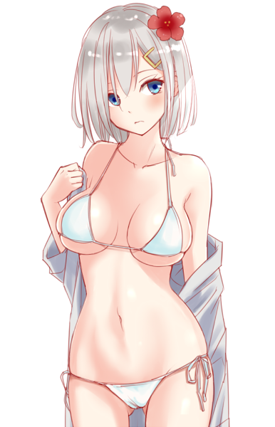 1girl bikini blue_eyes blush breasts closed_mouth flower hair_between_eyes hair_flower hair_ornament hairclip hamakaze_(kantai_collection) kantai_collection large_breasts looking_at_viewer medium_hair silver_hair simple_background solo swimsuit u0709 underwear undressing white white_background white_bikini white_swimsuit