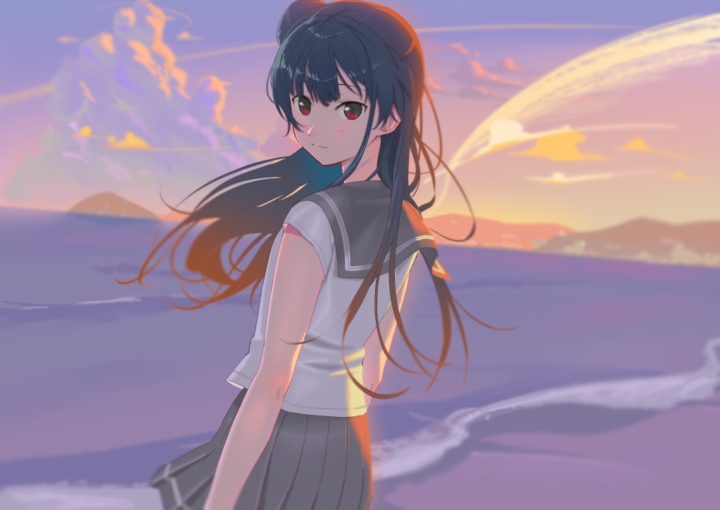 1girl bangs beach black_hair blue_hair clouds commentary condensation_trail dusk from_behind grey_skirt light_blush light_smile long_hair looking_at_viewer looking_back love_live! love_live!_sunshine!! ocean outdoors pleated_skirt poligon_(046) red_eyes school_uniform serafuku side_bun skirt solo tsushima_yoshiko uranohoshi_school_uniform