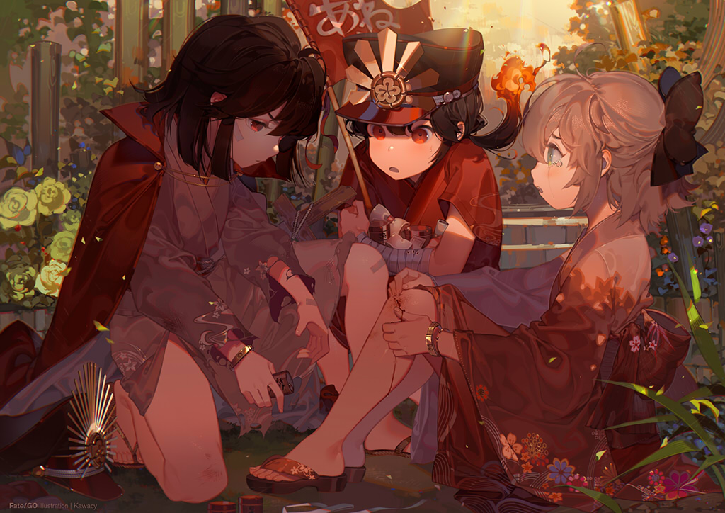 1boy 2girls bandaid bangs black_bow black_hair black_hat bleeding blonde_hair blood bow bracelet brother_and_sister candy cape energy_drink family_crest fate/grand_order fate_(series) fiery_hair flag floral_print flower food hair_bow hat injury japanese_clothes jewelry kawacy kimono koha-ace military_hat multiple_girls no_hat no_headwear oda_nobukatsu_(fate/grand_order) oda_nobunaga_(fate) oda_uri okita_souji_(fate) okita_souji_(fate)_(all) open_mouth outdoors pink_kimono ponytail red_cape red_eyes red_kimono rose scratches short_hair siblings sitting tears torn_clothes torn_kimono yukata