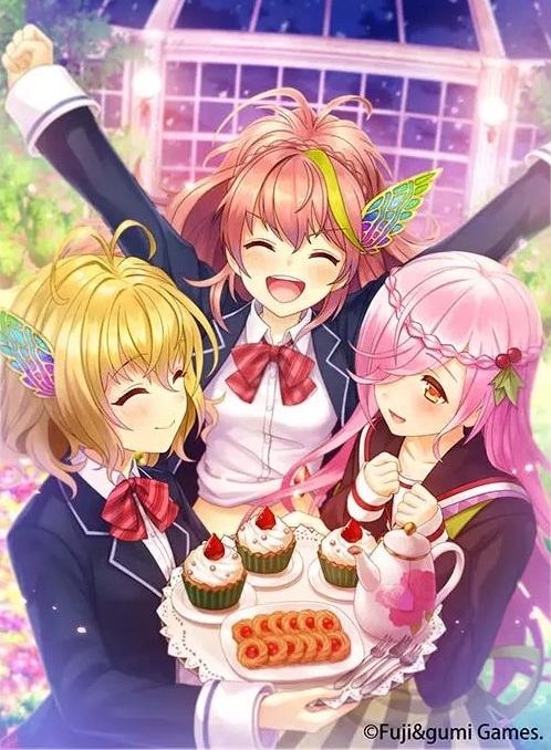 3girls apron artist_request blonde_hair blue_jacket blush bow braid closed_eyes company_name cookie cupcake flower food fork hair_ornament jacket mistilteinn_(phantom_of_the_kill) multicolored_hair multiple_girls official_art open_mouth orange_eyes phantom_of_the_kill pink_hair school_uniform smile teapot two-tone_hair