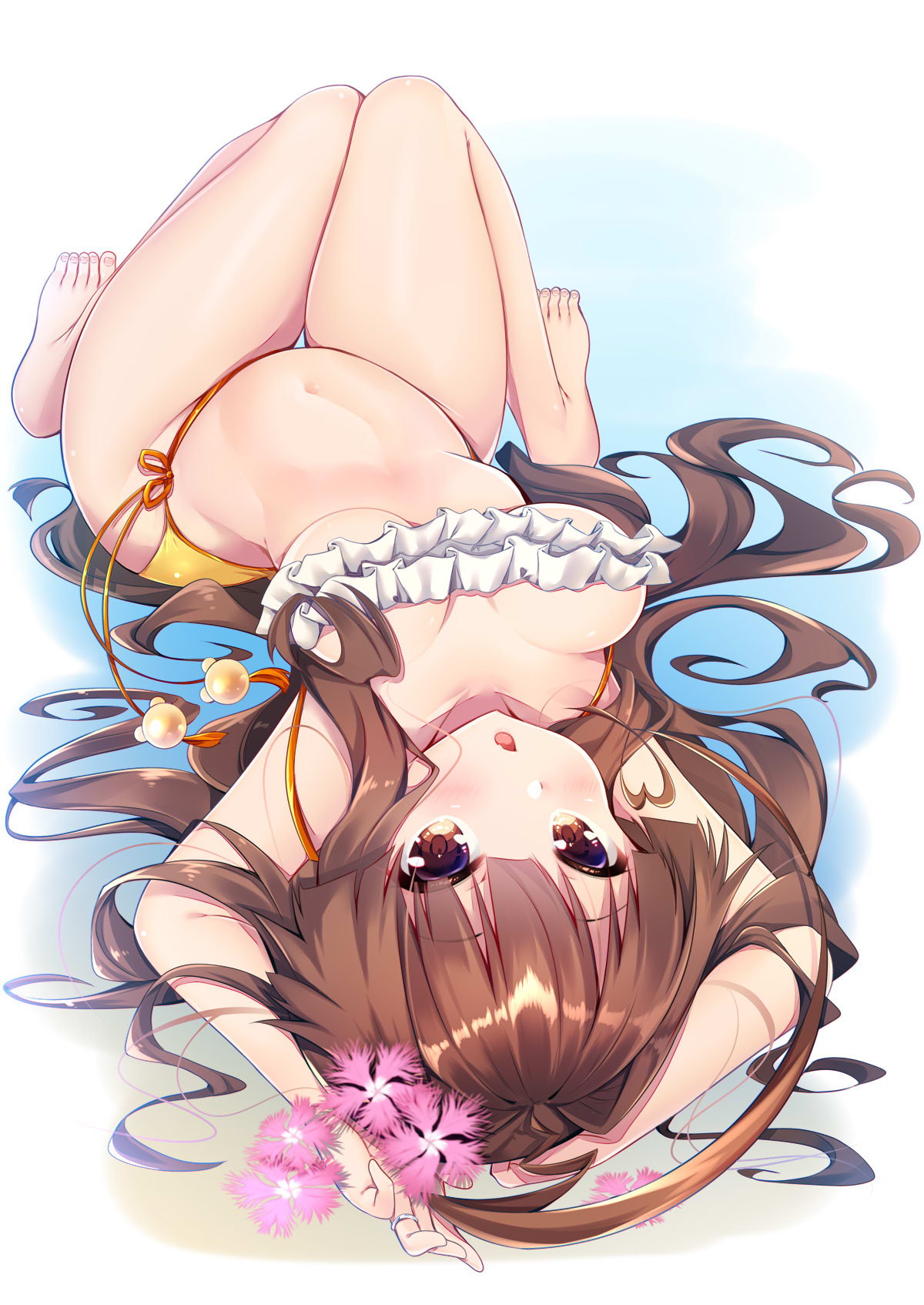 1girl ahoge bad_anatomy barefoot bikini blush breasts brown_eyes brown_hair collarbone heart_ahoge highres huge_ahoge jewelry kantai_collection ko_yu kuma_(kantai_collection) long_hair lying medium_breasts on_back open_mouth ring solo swimsuit toenails toes wedding_band white_bikini