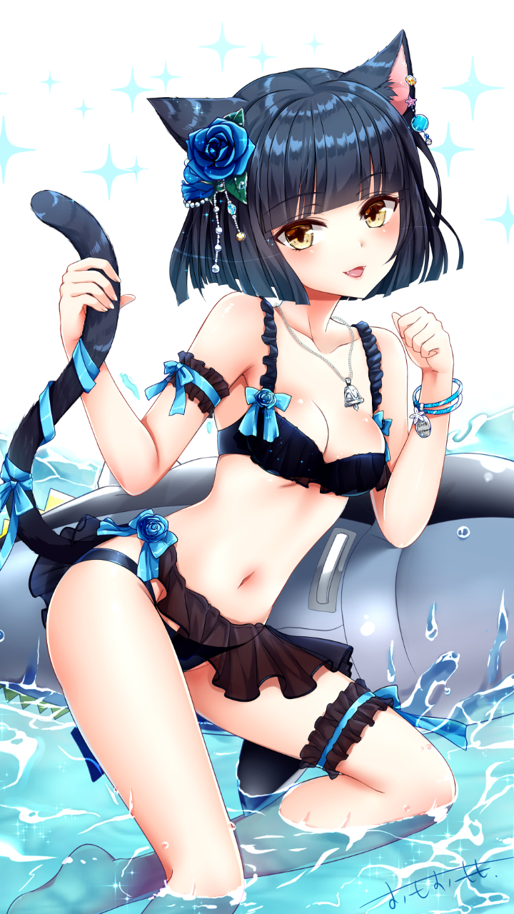 1girl :d animal_ears arm_garter bangs bare_shoulders barefoot bikini black_bikini black_hair blue_bow blue_flower blue_ribbon blue_rose blunt_bangs blush bow breasts brown_eyes cat_ears cat_girl cat_tail cleavage collarbone eyebrows_visible_through_hair fangs fingernails flower hair_flower hair_ornament hands_up highres inflatable_fish inflatable_toy jewelry leg_garter looking_at_viewer medium_breasts navel omoomomo open_mouth original pendant ribbon rose short_hair signature smile solo sparkle star swimsuit tail tail_grab tail_ribbon water white_background