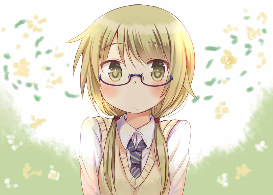 1girl blonde_hair blush closed_mouth eyebrows_visible_through_hair glasses ichii_yui looking_at_viewer low_twintails medium_hair necktie semi-rimless_eyewear shirt simple_background solo striped_neckwear tatsunokosso twintails upper_body vest yellow_eyes yuyushiki