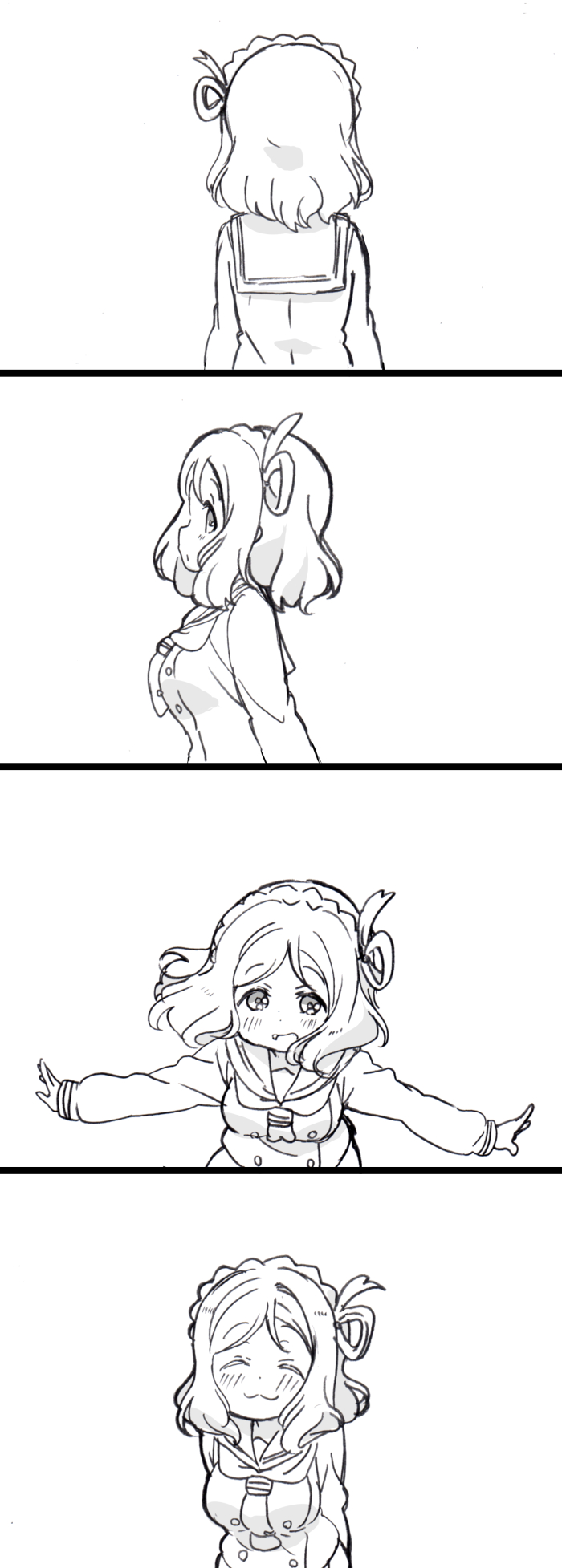 1girl 4koma :3 :d ^_^ arms_at_sides arms_behind_back ascot blush braid closed_eyes closed_eyes closed_mouth comic crown_braid dot_nose facing_away facing_viewer from_side greyscale hair_rings highres long_sleeves looking_at_viewer looking_back love_live! love_live!_sunshine!! medium_hair mezashi_(mezamashi_set) monochrome ohara_mari open_mouth outstretched_arms profile sailor_collar school_uniform serafuku silent_comic simple_background smile solo spread_arms tareme upper_body uranohoshi_school_uniform wavy_hair white_background |3