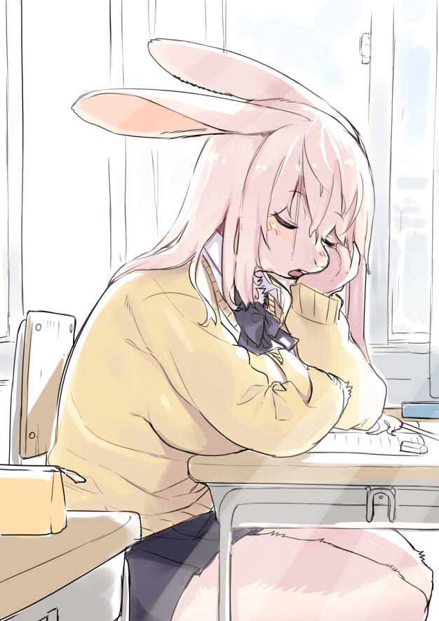 1girl animal_ears arm_rest black_skirt breasts chair chin_rest classroom closed_eyes commentary_request desk furry kishibe large_breasts long_hair open_mouth original rabbit_ears school_uniform shirt sitting skirt sleeping solo sweater white_hair white_shirt window yellow_sweater