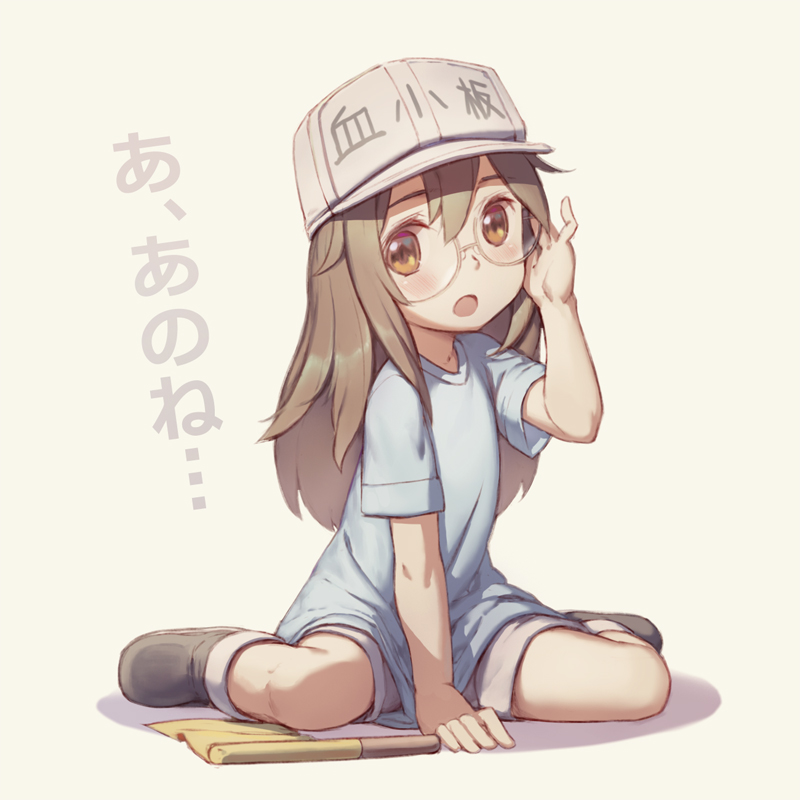 1girl :o adjusting_eyewear ankle_boots arm_up bangs bespectacled between_legs black_footwear blue_shirt blush boots brown_eyes brown_hair commentary_request flag flat_cap full_body glasses grey_hat grey_shorts hair_between_eyes hat hataraku_saibou long_hair looking_at_viewer on_floor open_mouth platelet_(hataraku_saibou) rotix shirt short_sleeves shorts simple_background sitting solo translated wariza white_background