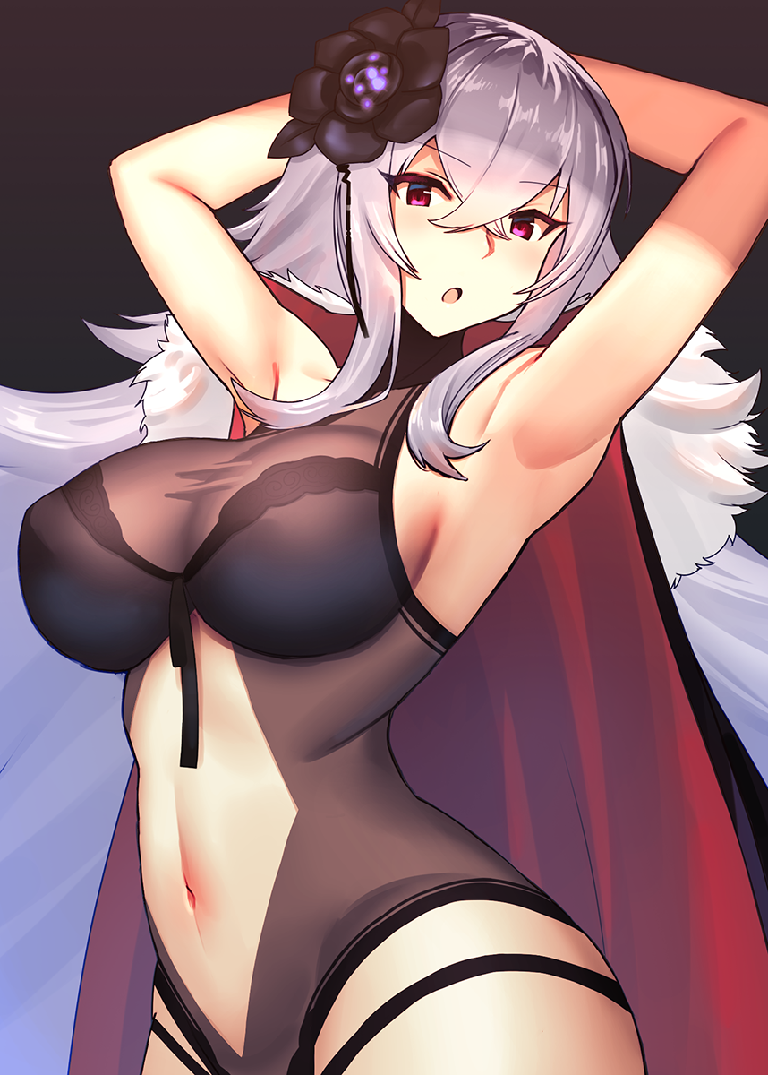 1girl :o arched_back armpits arms_behind_head azur_lane bare_arms black_background black_swimsuit breasts cape cleavage cowboy_shot dakunesu eyebrows_visible_through_hair flower graf_zeppelin_(azur_lane) hair_between_eyes hair_flower hair_ornament highleg highleg_swimsuit highres large_breasts long_hair looking_at_viewer navel navel_cutout one-piece_swimsuit silver_hair simple_background swimsuit thighs