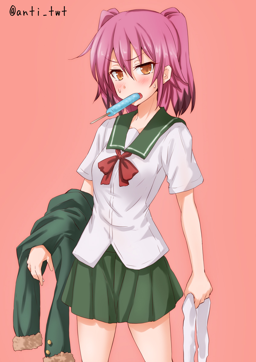 anti_(untea9) black_hair blush breasts brown_eyes eating eyebrows_visible_through_hair food green_jacket green_skirt hair_between_eyes highres ice_cream jacket kantai_collection kunashiri_(kantai_collection) long_hair looking_at_viewer miniskirt multicolored_hair older pink_background pink_hair popsicle school_uniform serafuku shirt simple_background skirt small_breasts thighs twintails underwear