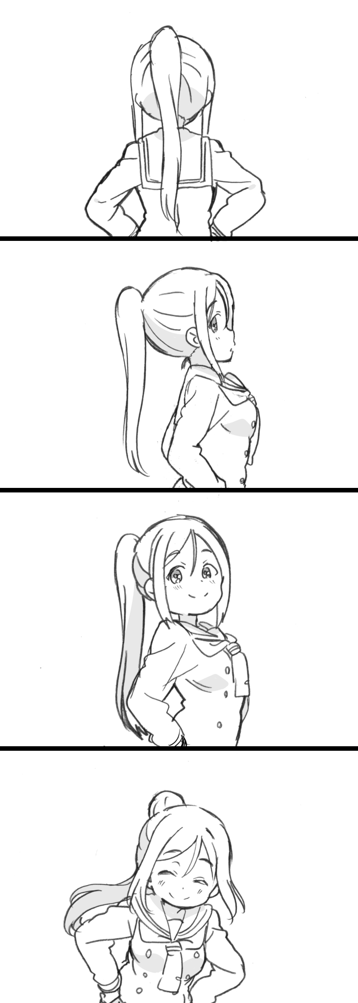 1girl 4koma ^_^ closed_eyes closed_eyes closed_mouth comic facing_away facing_viewer floating_hair from_side greyscale hands_on_hips highres long_hair long_sleeves looking_at_viewer looking_back love_live! love_live!_sunshine!! matsuura_kanan mezashi_(mezamashi_set) monochrome parted_lips ponytail profile sailor_collar school_uniform serafuku sidelocks silent_comic simple_background smile solo tareme upper_body uranohoshi_school_uniform white_background