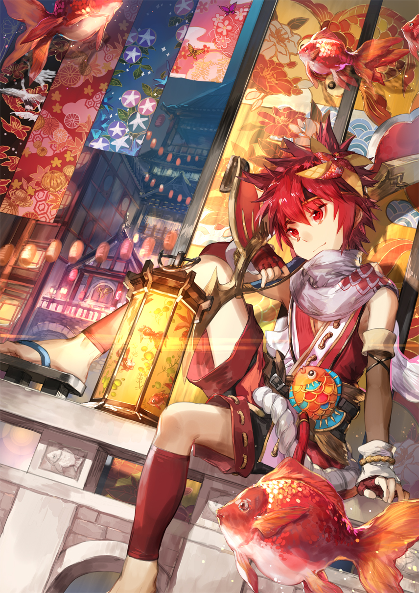 1boy architecture detached_sleeves door east_asian_architecture elsword elsword_(character) fish goldfish hair_ornament headband highres lantern red_eyes redhead scarf scorpion5050 sitting sword_hilt