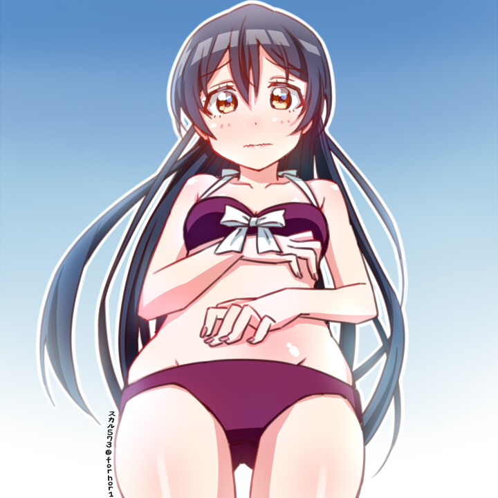 1girl bangs bikini blue_hair blush commentary_request cowboy_shot eyebrows_visible_through_hair from_below hair_between_eyes hand_on_own_stomach long_hair looking_at_viewer love_live! love_live!_school_idol_project navel red_bikini simple_background skull573 solo sonoda_umi swimsuit yellow_eyes