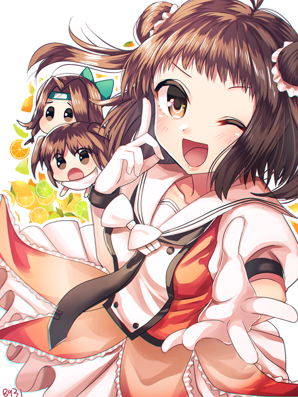 3girls black_hair blush breasts brown_eyes chibi dress food fruit fruit_background gloves hakusai_ponzu headband jintsuu_(kantai_collection) kantai_collection long_hair looking_at_viewer multiple_girls naka_(kantai_collection) necktie one_eye_closed open_mouth orange sendai_(kantai_collection) small_breasts twintails white_gloves