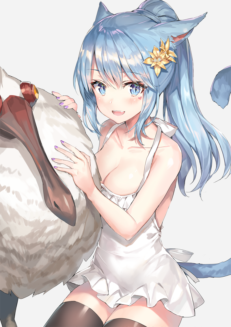 1girl :d animal animal_ears bangs bare_shoulders black_legwear blue_eyes blue_hair blush breasts cat_ears cat_tail cleavage commentary_request dress eyebrows_visible_through_hair facial_mark final_fantasy final_fantasy_xiv fingernails flower grey_background hair_between_eyes hair_flower hair_ornament heart long_hair looking_at_viewer medium_breasts miqo'te momoko_(momopoco) nail_polish open_mouth ponytail simple_background sitting sleeveless sleeveless_dress slit_pupils smile solo tail thigh-highs white_dress