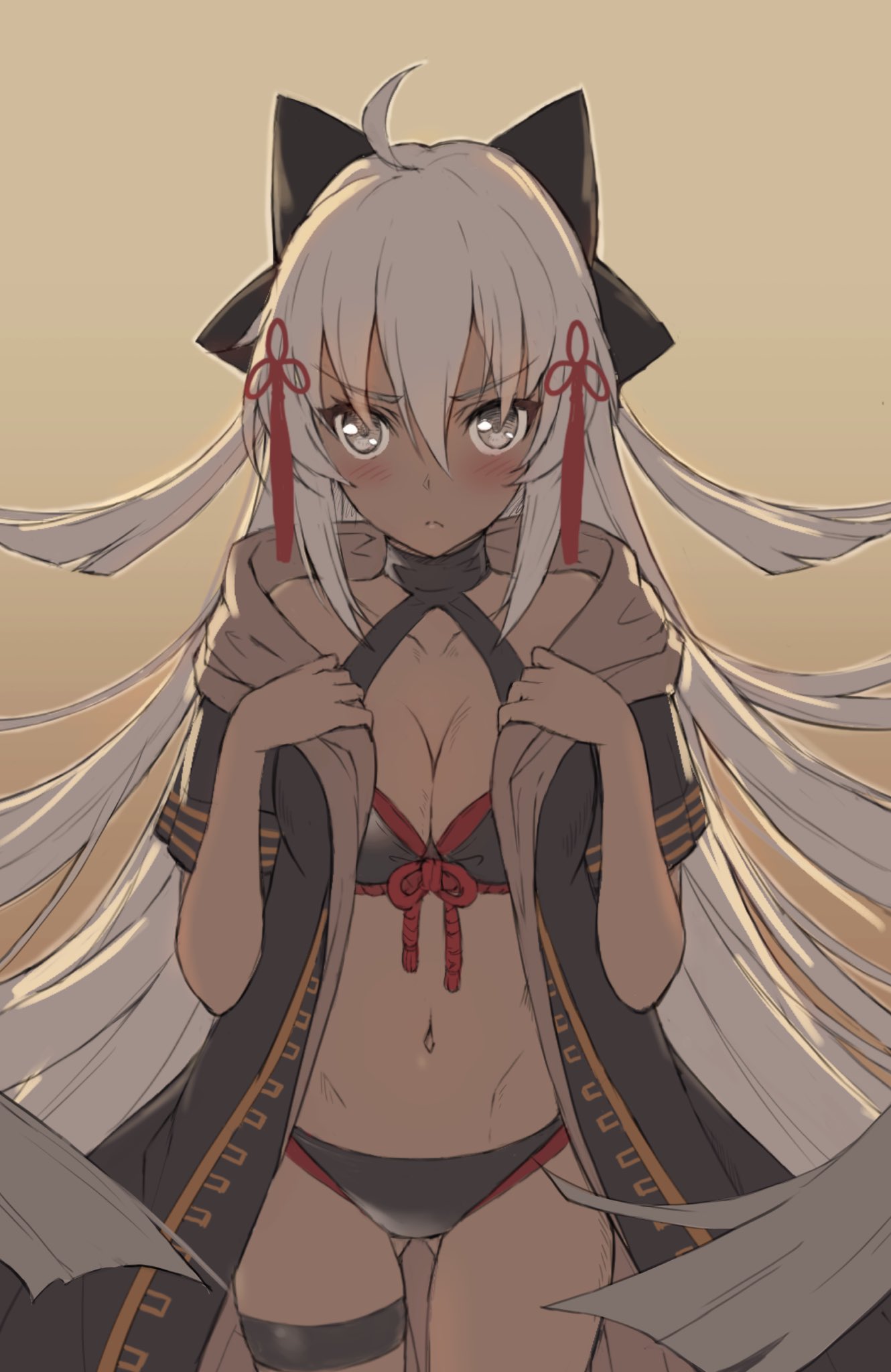 1girl ahoge black_bra black_coat black_panties bra breasts cleavage coat dark_skin fate/grand_order fate_(series) hair_ribbon highres okita_souji_(alter)_(fate) okita_souji_(fate)_(all) open_clothes open_coat panties ribbon underwear white_hair