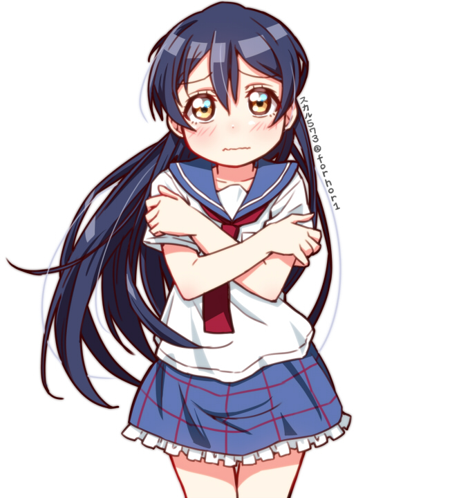 1girl bangs blue_hair blush commentary_request cowboy_shot hair_between_eyes long_hair looking_at_viewer love_live! love_live!_school_idol_project school_uniform serafuku simple_background skull573 solo sonoda_umi white_background yellow_eyes younger