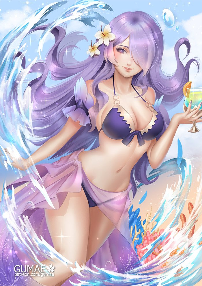 1girl alcohol alternate_costume armlet bare_shoulders bikini breasts camilla_(fire_emblem_if) cleavage collarbone commentary cup drink drinking_glass english_commentary facing_viewer fire_emblem fire_emblem_heroes fire_emblem_if flower food fruit glass gumae hair_flower hair_ornament hair_over_one_eye halterneck holding holding_drinking_glass large_breasts lips long_hair looking_at_viewer nail_polish navel patreon_username purple_bikini purple_hair sarong summer swimsuit violet_eyes wavy_hair