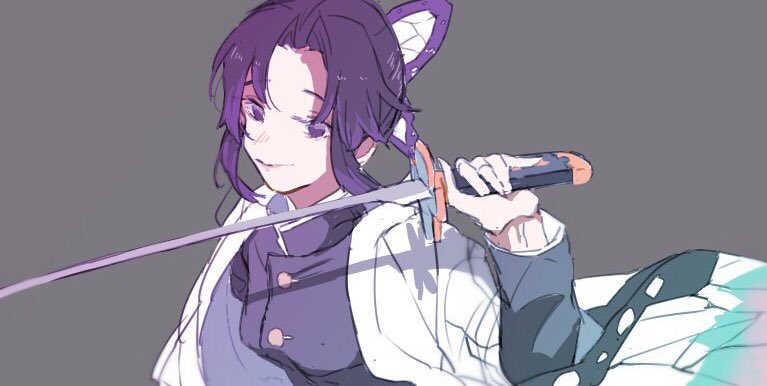 1girl butterfly_hair_ornament buttons closed_mouth gakuran grey_background hair_ornament haori holding holding_sword holding_weapon japanese_clothes kimetsu_no_yaiba kochou_shinobu long_sleeves purple_hair school_uniform solo sword upper_body violet_eyes weapon yama_(ymmm_66)