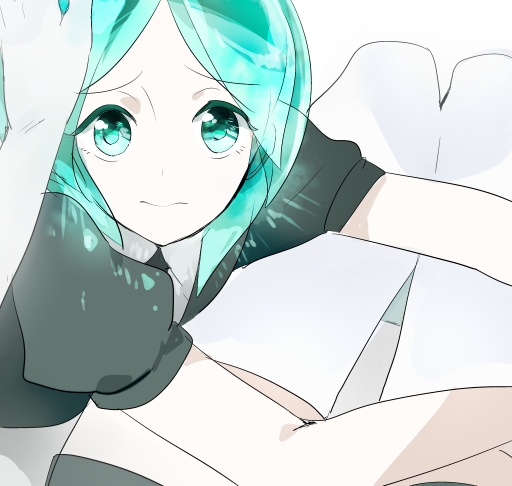 2others androgynous aqua_eyes aqua_hair diamond_(houseki_no_kuni) elbow_gloves gem_uniform_(houseki_no_kuni) gloves glowing glowing_hair green_eyes green_hair hand_on_another's_head houseki_no_kuni lap looking_at_viewer multiple_others out_of_frame petting phosphophyllite pout short_hair shumiko_(kamenokoueki) thigh-highs