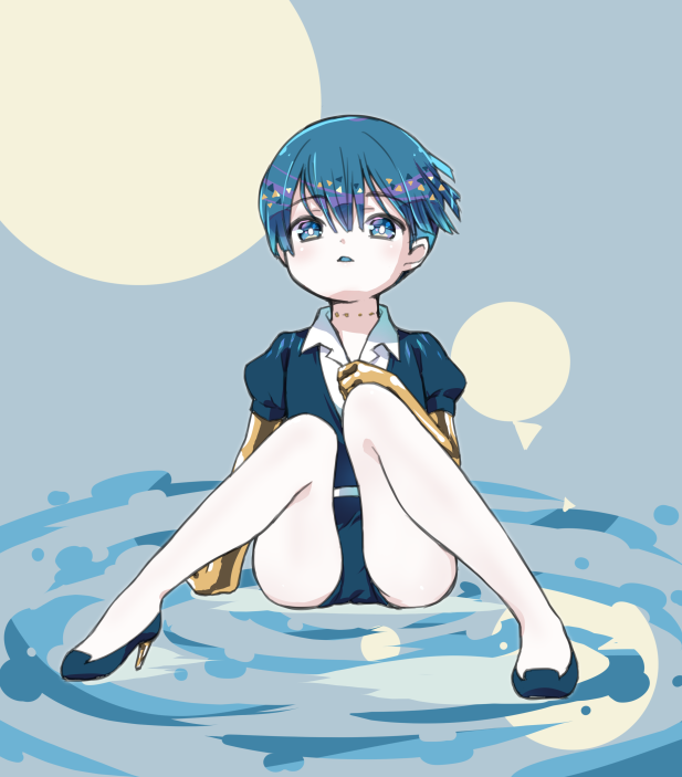 1other amimi androgynous bangs blue_eyes blue_hair blunt_bangs gem_uniform_(houseki_no_kuni) golden_arms high_heels houseki_no_kuni looking_at_viewer open_collar phosphophyllite phosphophyllite_(ll) short_hair sitting solo spoilers