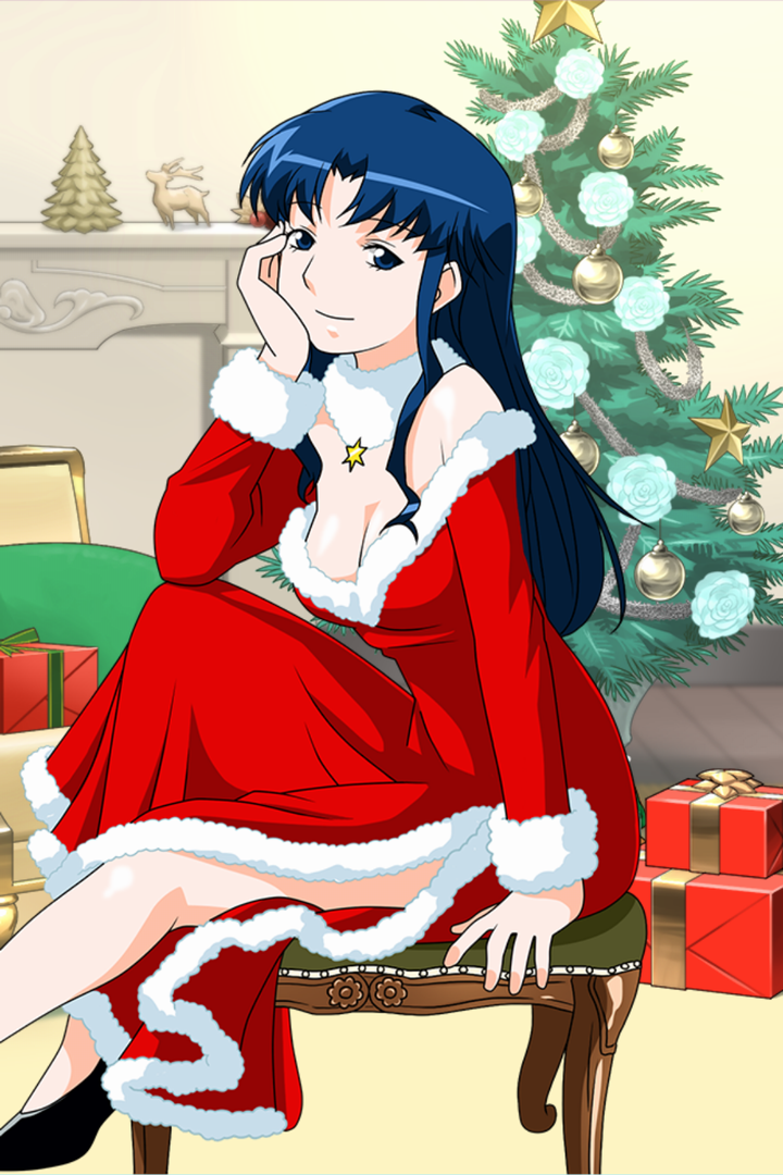 1girl blue_eyes blue_hair box breasts chair christmas_tree cleavage dress fujiwara_aya fur_collar fur_trim gift gift_box hand_on_own_cheek long_hair long_sleeves looking_at_viewer medium_breasts official_art red_dress santa_costume side_slit sitting smile solo super_real_mahjong tanaka_ryou