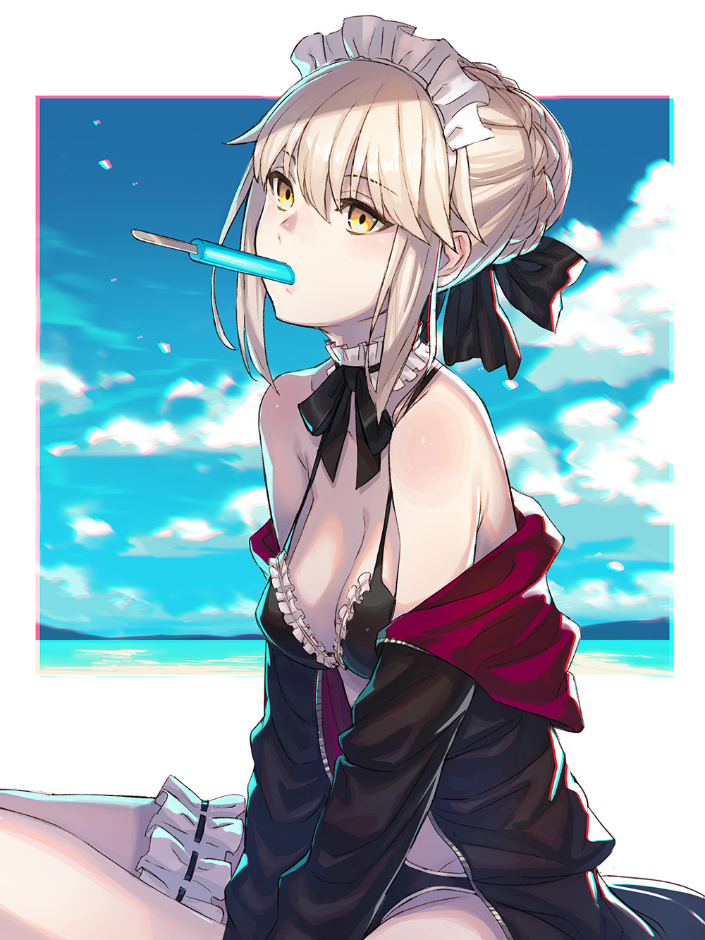 1girl artoria_pendragon_(all) artoria_pendragon_(swimsuit_rider_alter) bangs bare_shoulders beach bikini black_bikini black_bow black_jacket blonde_hair blurry bow bowtie braid breasts cleavage clouds cloudy_sky collarbone commentary_request day detached_collar eating fate/grand_order fate_(series) food french_braid frilled_bikini frilled_bikini_top frills hair_bow hair_bun highres hood hoodie ice_cream jacket kusano_shinta large_breasts leg_garter long_sleeves looking_to_the_side maid_bikini maid_headdress ocean open_clothes open_hoodie open_jacket saber_alter sitting sky swimsuit yellow_eyes