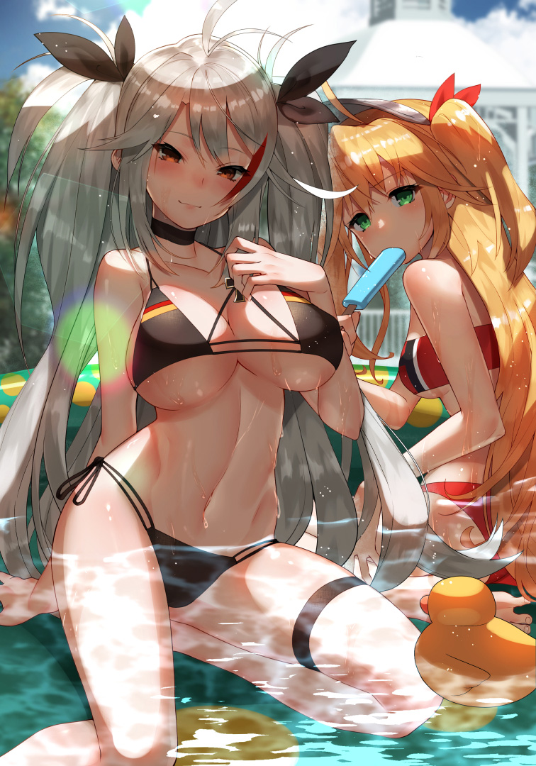 2girls admiral_hipper_(azur_lane) ahoge alternate_costume antenna_hair ass azur_lane bandeau bangs bare_arms bare_shoulders barefoot bikini black_bikini blonde_hair blush breasts choker closed_mouth commentary_request day eyebrows_visible_through_hair feet_out_of_frame flag_print food german_flag_bikini green_eyes hair_between_eyes hand_on_own_chest hand_up hat headgear holding holding_food iron_cross large_breasts long_hair looking_at_viewer medium_breasts mole mole_on_breast multicolored_hair multiple_girls navel outdoors partially_submerged popsicle prinz_eugen_(azur_lane) red_bikini redhead rubber_duck shade side-tie_bikini silver_hair sitting smile stomach streaked_hair sukocchi swimsuit thigh_strap thighs two_side_up very_long_hair wading_pool wariza yokozuwari