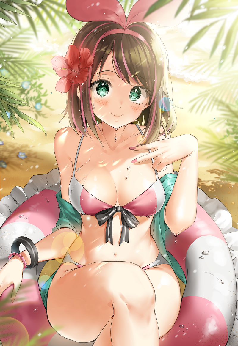 1girl a.i._channel aqua_eyes bangs beach bikini black_bow blue_flower blurry blush bow bracelet breasts brown_hair cleavage closed_mouth collarbone dappled_sunlight day flower front-tie_top green_eyes h_shai hair_flower hair_ornament hibiscus innertube jewelry kizuna_ai looking_at_viewer multicolored_hair nail_polish navel ocean outdoors palm_tree pink_bikini pink_hair pink_headband pink_nails plant red_flower shadow short_hair sitting smile striped striped_bow sunlight swept_bangs swimsuit tree two-tone_hair v virtual_youtuber water wet white_bikini