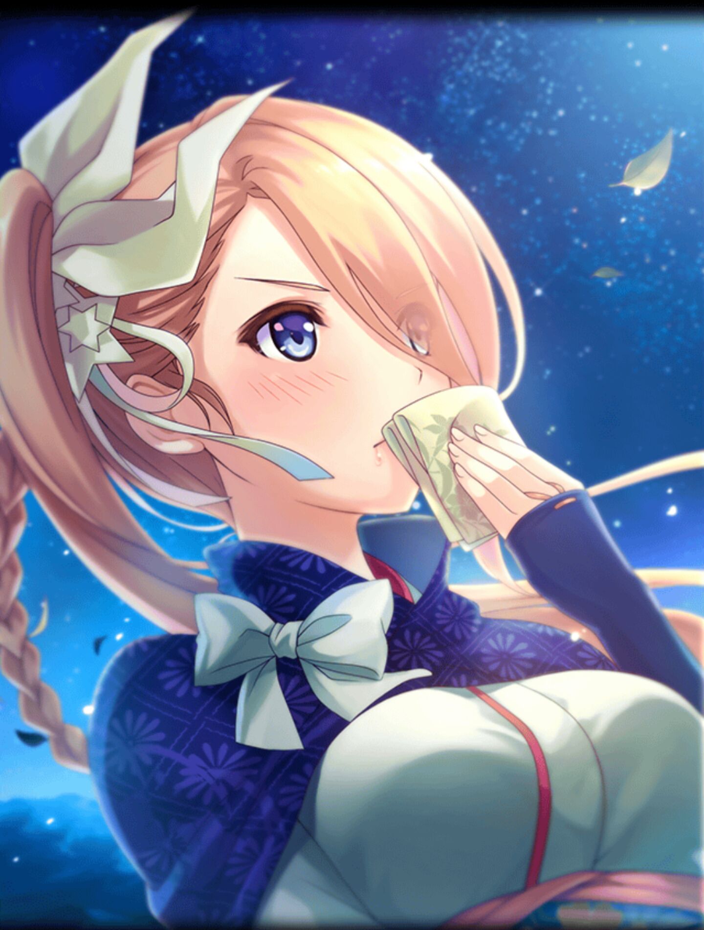 artist_request blonde_hair blue_capelet blue_eyes blush bow braid breasts capelet covering_mouth eyes_visible_through_hair hair_ribbon handkerchief highres large_breasts night night_sky official_art petals phantom_of_the_kill ribbon shinobi_nightmare sky
