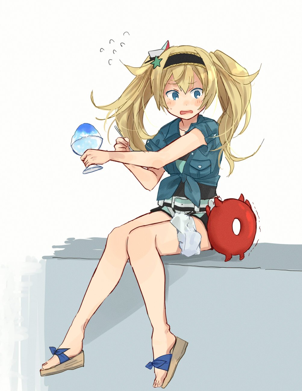 1girl annin_musou belt belt_buckle blonde_hair blue_eyes blue_shirt breast_pocket buckle commentary_request enemy_lifebuoy_(kantai_collection) flying_sweatdrops gambier_bay_(kantai_collection) hair_between_eyes highres holding holding_spoon ice kantai_collection long_hair open_mouth pocket sandals shaved_ice shinkaisei-kan shirt short_sleeves sitting solo spoon trembling twintails