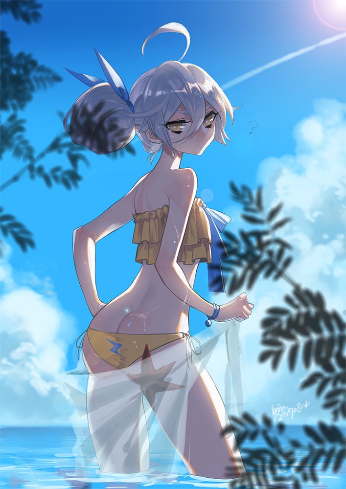 1girl ? ahoge artist_name ass bangs bikini blurry bracelet butt_crack closed_mouth condensation_trail dated day depth_of_field frilled_bikini frills from_behind girls_frontline hair_between_eyes hand_on_hip jewelry lens_flare looking_at_viewer looking_back no_sense_of_shame ocean outdoors pkp_(girls_frontline) side-tie_bikini side_bun signature silver_hair solo starfish swimsuit tsurime wading yellow_bikini yellow_eyes