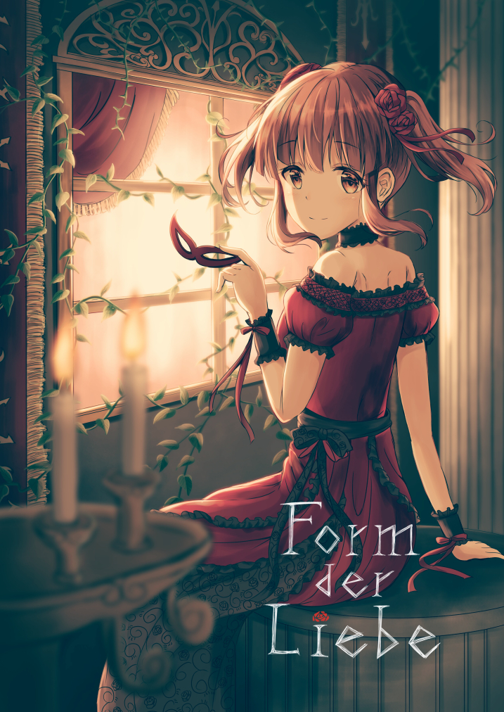 1girl arm_support bangs brown_eyes brown_hair candle character_request choker dress fire floating_hair flower from_side hair_flower hair_ornament hair_ribbon holding holding_mask idolmaster idolmaster_cinderella_girls indoors kuensan lolita_fashion looking_at_viewer mask masque:rade red_dress red_flower red_ribbon red_rose ribbon rose short_hair short_sleeves sidelocks sitting smile solo twintails window wrist_cuffs