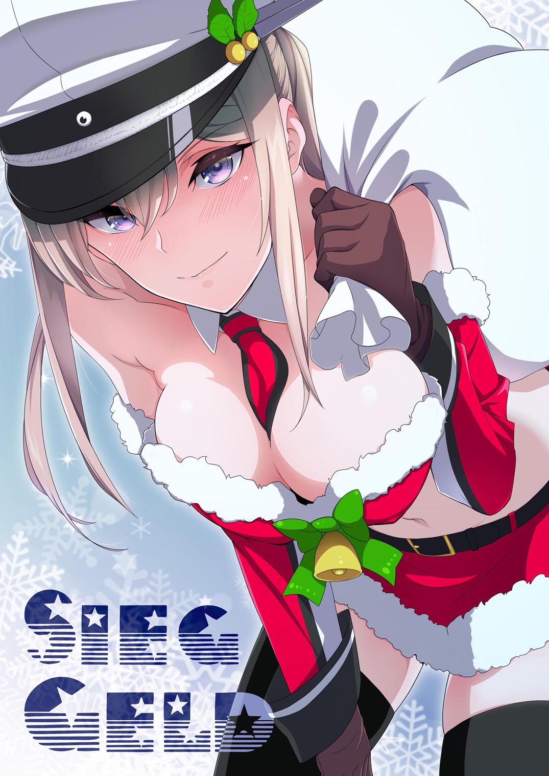 1girl bag belt bent_over black_legwear blonde_hair blue_eyes blush breasts brown_gloves choker cleavage collarbone detached_sleeves eyebrows_visible_through_hair fur_trim gloves graf_zeppelin_(kantai_collection) hair_between_eyes hat highres holding holding_bag kantai_collection kurihara_kenshirou large_breasts long_hair midriff miniskirt navel necktie red_neckwear red_skirt santa_costume sidelocks skirt smile solo stomach strapless thigh-highs white_hat zettai_ryouiki