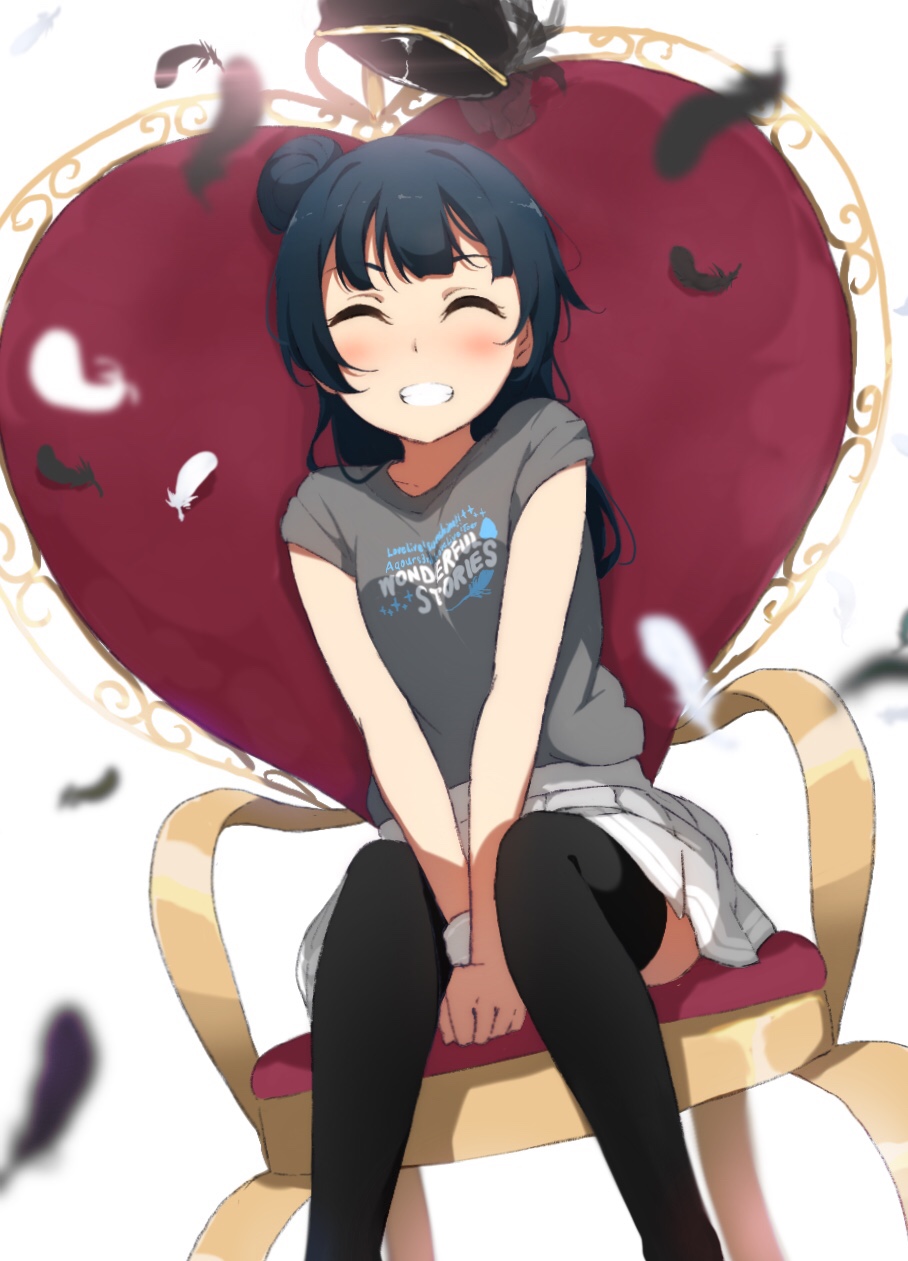 1girl ^_^ bangs between_legs black_feathers black_hair black_hat black_legwear black_shirt blush clenched_hands closed_eyes closed_eyes clothes_writing facing_viewer feathers grey_skirt grin hand_between_legs hat hat_removed headwear_removed heart highres icehotmilktea love_live! love_live!_sunshine!! miniskirt pleated_skirt shirt short_sleeves side_bun sitting skirt smile solo t-shirt thigh-highs throne tsushima_yoshiko white_feathers wristband