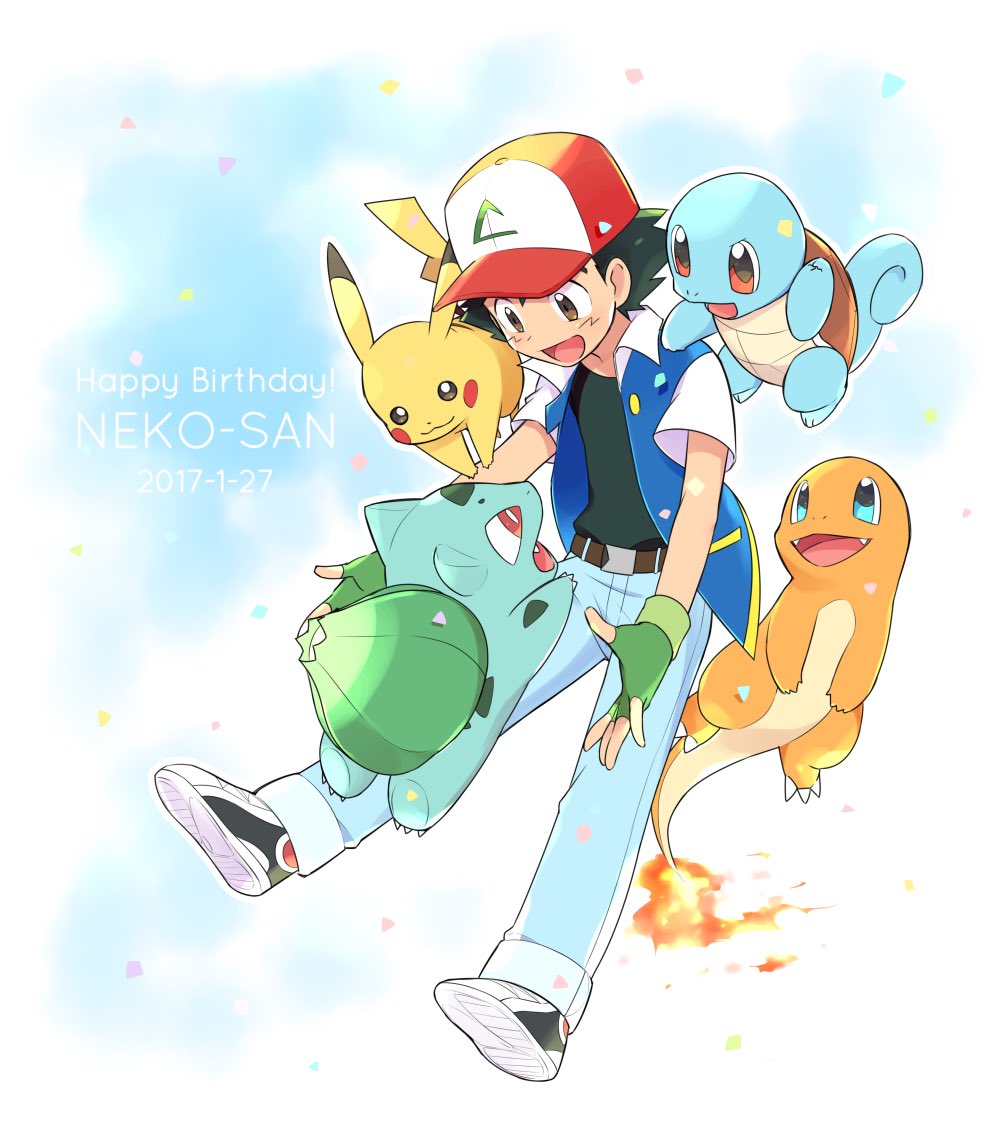 1boy :d ame_(ame025) ash_ketchum baseball_cap belt belt_buckle blue_jacket blue_pants brown_belt brown_eyes buckle bulbasaur charmander collared_jacket commentary_request confetti fingerless_gloves fire gen_1_pokemon gloves green_gloves happy_birthday hat jacket male_focus open_clothes open_jacket open_mouth pants pikachu pokemon pokemon_(anime) pokemon_(classic_anime) pokemon_on_arm red_headwear shirt shoes short_hair short_sleeves smile squirtle starter_pokemon_trio tongue white_footwear