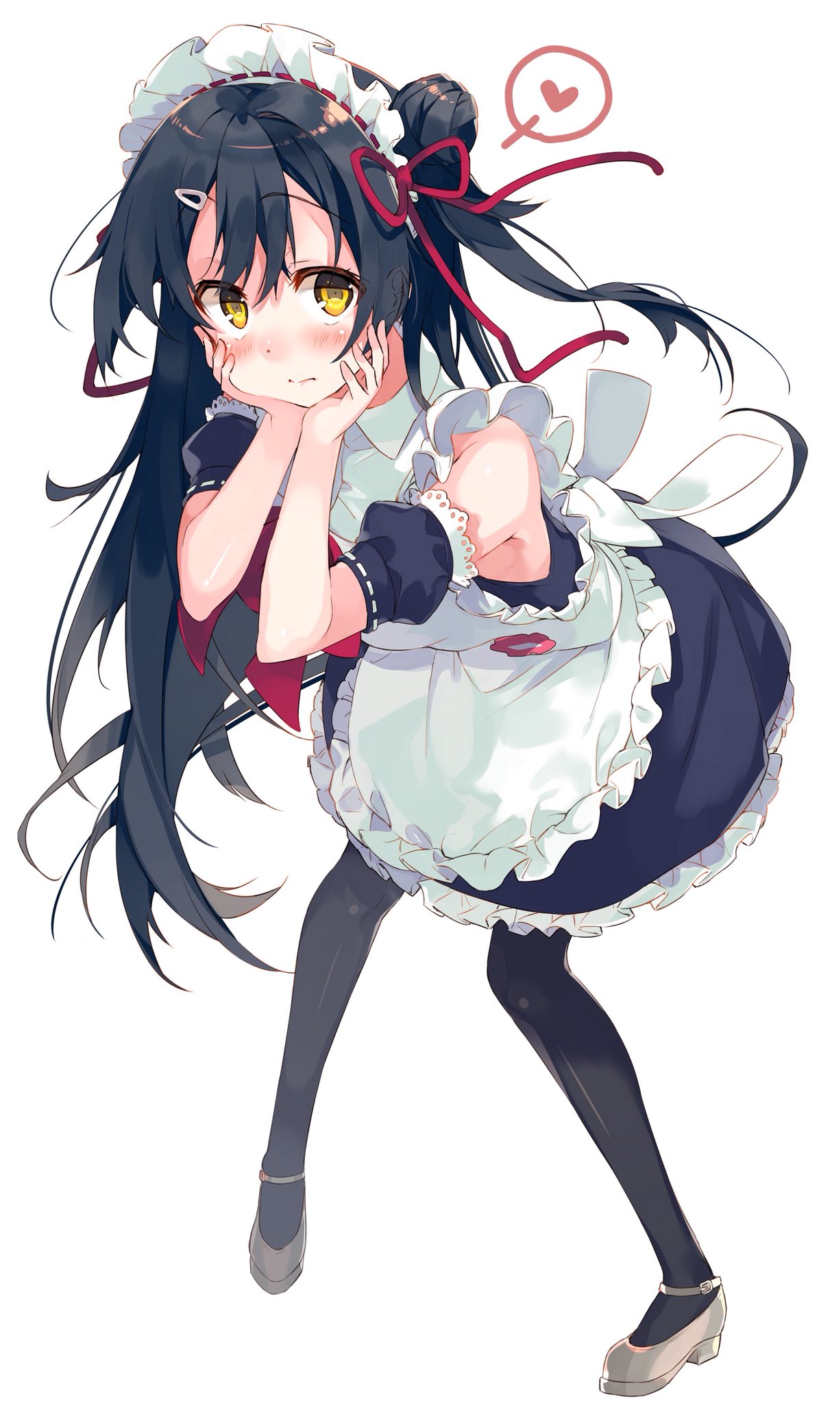 1girl apron bangs bare_shoulders black_dress black_hair black_legwear blush closed_mouth detached_sleeves dress embarrassed frilled_apron frilled_dress frills grey_footwear grey_hair hair_bun hair_ornament hair_ribbon hairclip hands_on_own_face highres hisaka_hazara long_hair looking_at_viewer maid maid_apron maid_headdress multicolored_hair puffy_detached_sleeves puffy_short_sleeves puffy_sleeves red_ribbon ribbon short_sleeves thigh-highs two-tone_hair white_apron white_background yellow_eyes